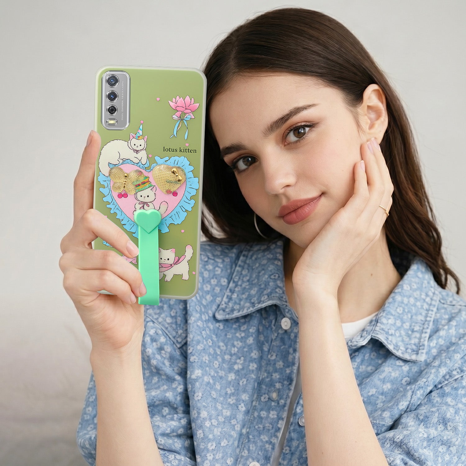 For Vivo Y12s | Y11s | Y12G Back Cover Case (3D Cute Heart Strap Holder | Camera Protection | Designer Girls Print)