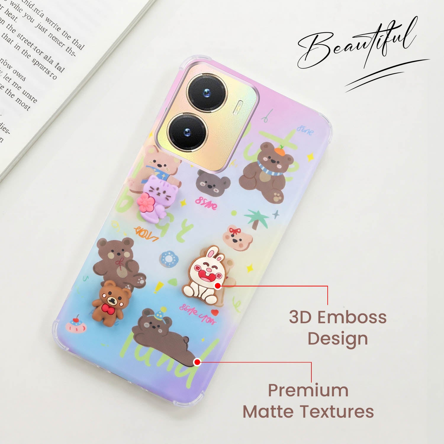 For Vivo T2x Back Cover Case (3D Cute Cartoons | Hard Back Side Soft | Matte Premium Finish | HD Printing)