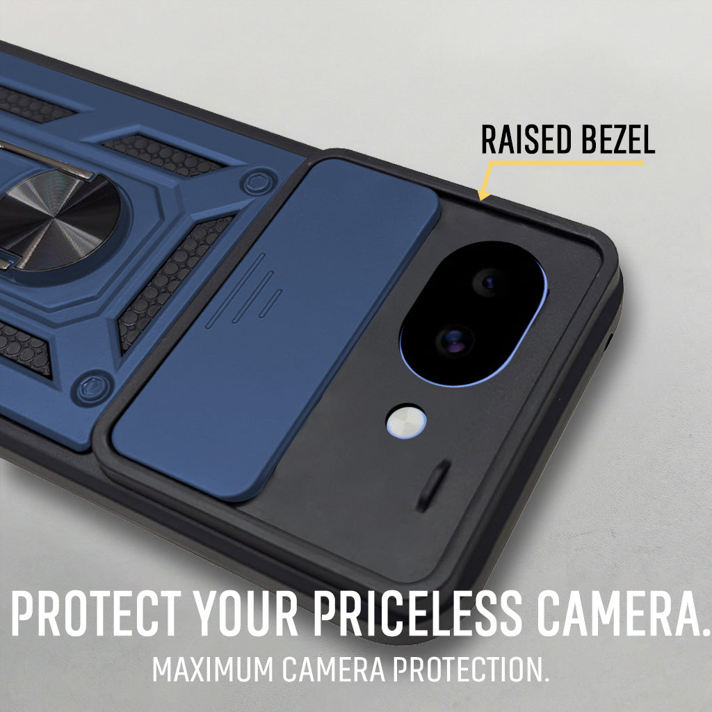 For Google Pixel 10a Back Cover Case Hybrid Armor (Sliding Shutter Camera Protection | Polycarbonate |Ring Holder Kickstand)