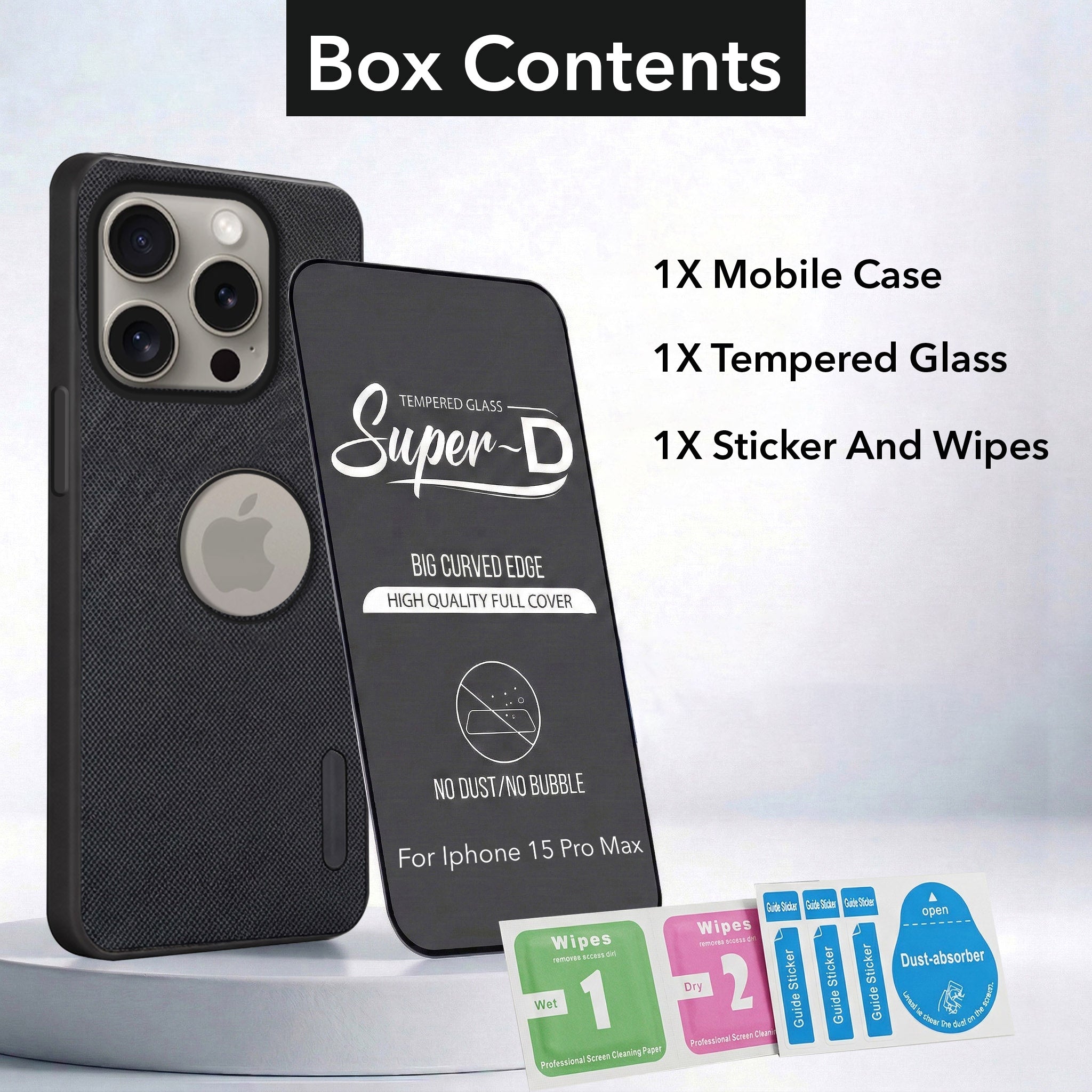 For Apple iPhone 15 Pro Max Combo (Textured Grip Design | Micro-Fiber Cloth Inside | Oleophobic Coating Screen Glass)