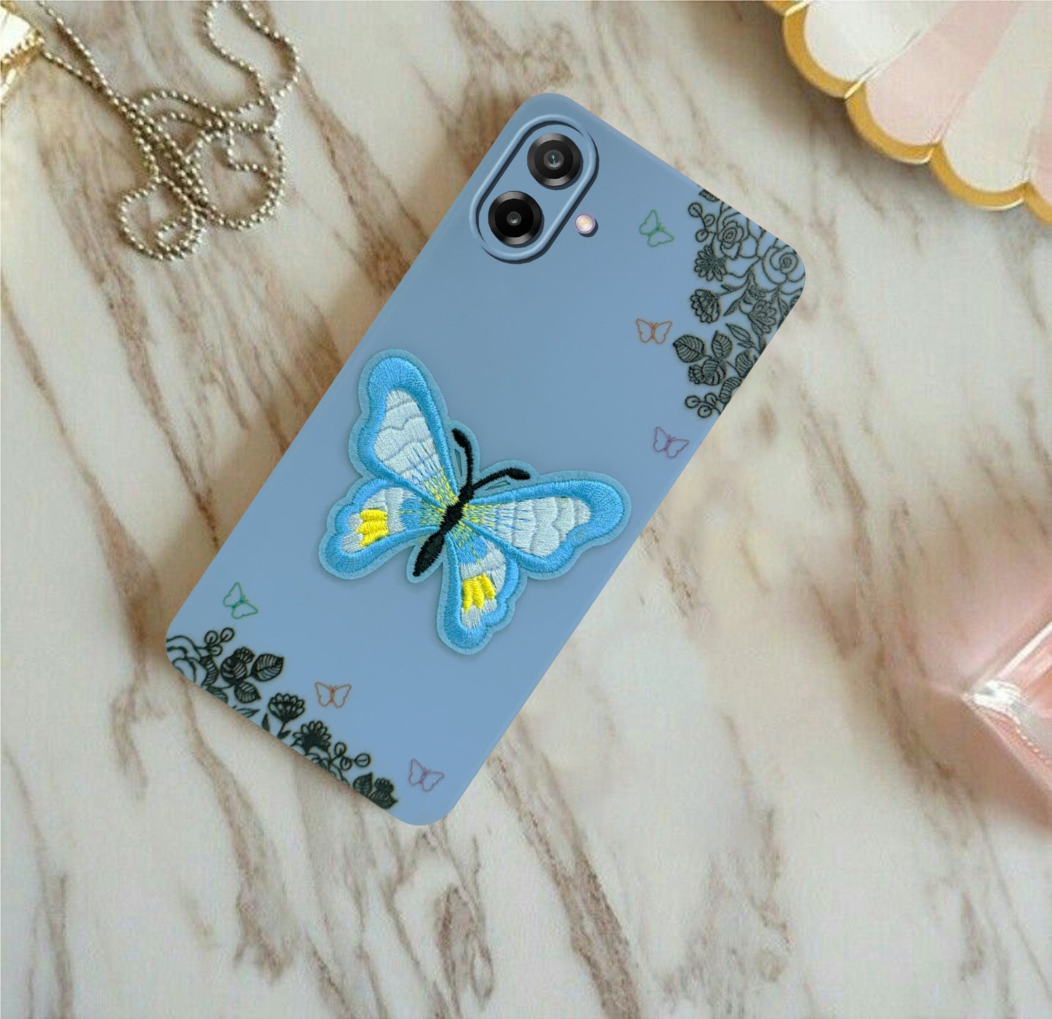 For Samsung Galaxy M17e Back Cover Case (Soft Butterfly Embroidery | Women Teen Girls | Camera Protection| Matte Silicone)