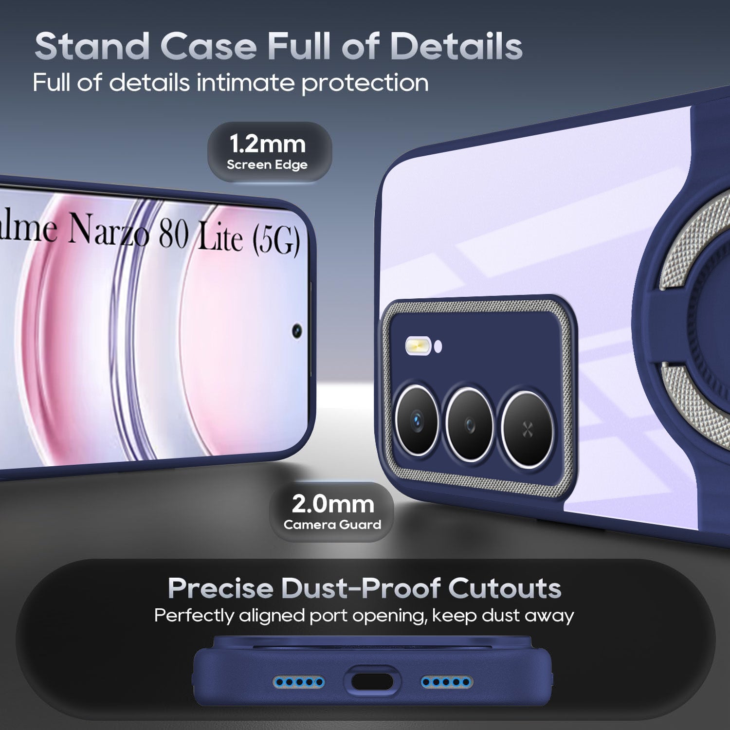 For Realme Narzo 80 Lite 5G Back Cover Case with stand (Built-in Ring Holder Kickstand | Lifetime Anti Yellow | Camera Protection)