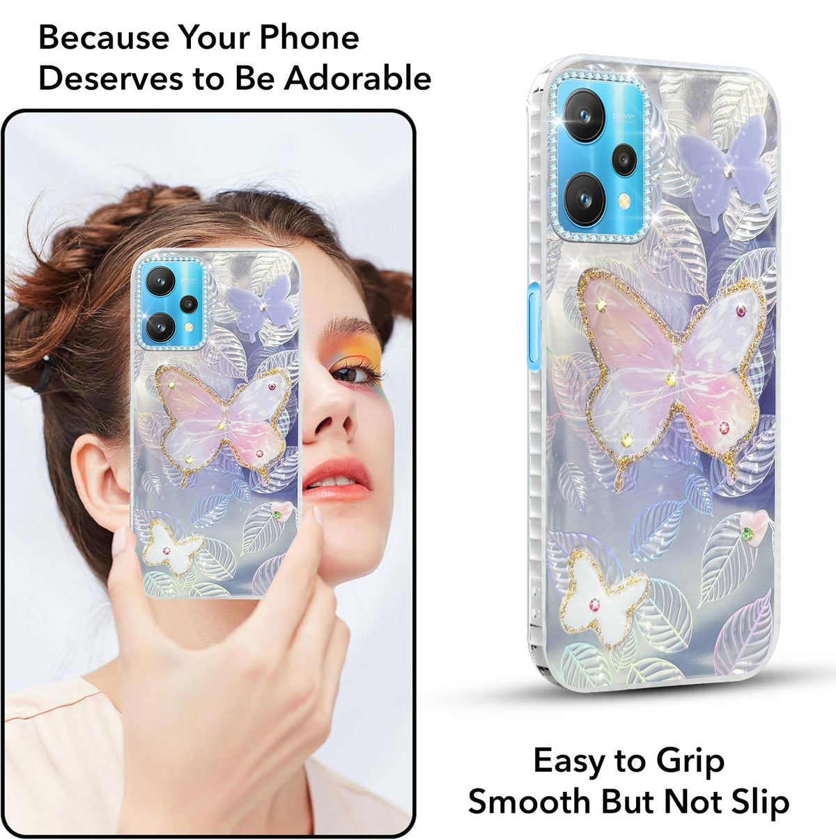 For Realme 9 Pro Back Cover Case (Luxury Floral Glitter Cute Butterfly | Diamond Studded Camera Bump | Girls & Women Design)