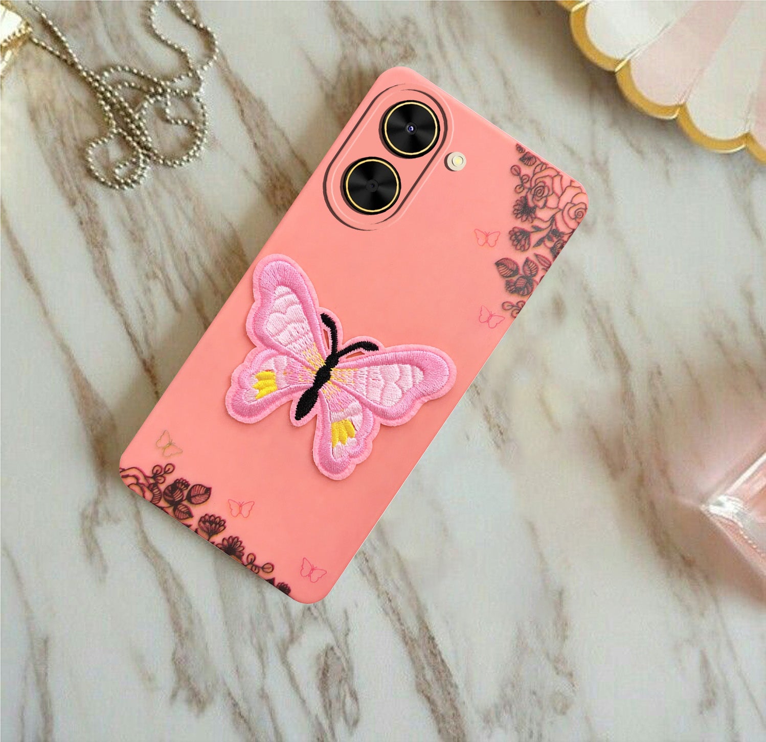For Poco C71 Back Cover (Soft Butterfly Embroidery | Women Teen Girls | Camera Protection| Matte Silicone)