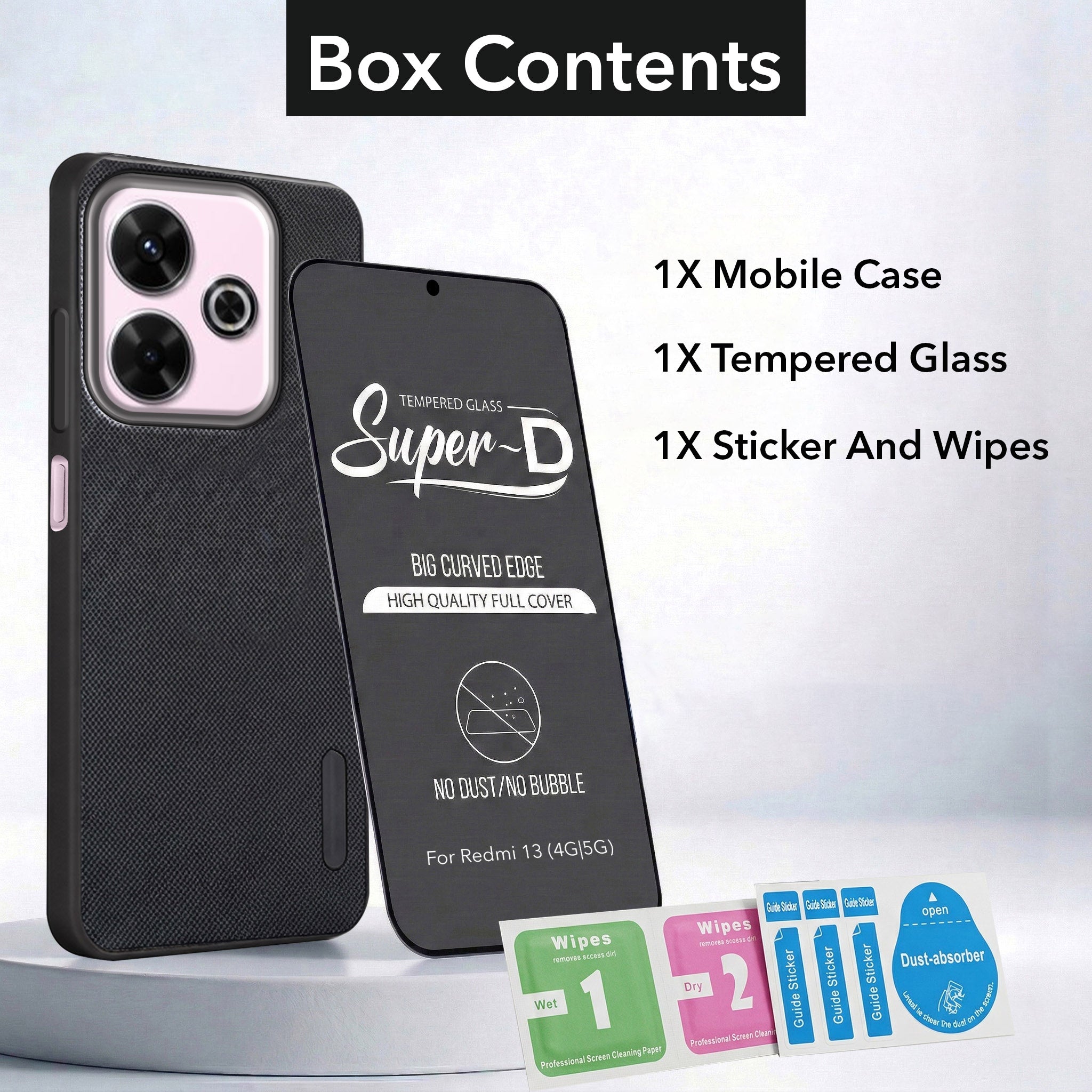 For Xiaomi Mi Redmi 13 4G | 5G Combo with Back Cover and 9H Tempered Glass (Textured Grip Design | Micro-Fiber Cloth Inside | Oleophobic Coating Screen Glass)