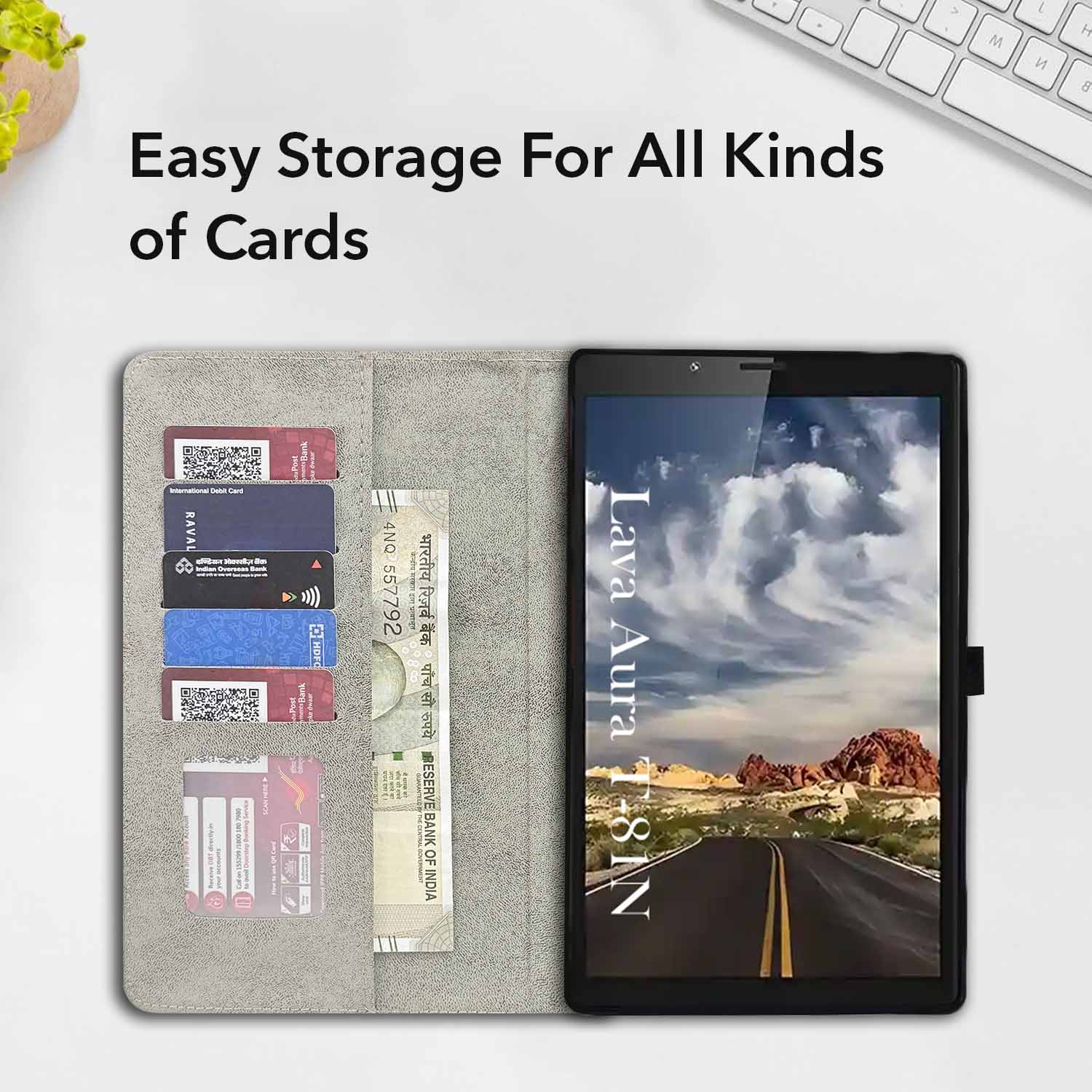 For Lava Aura T81N 8 Inch Flip Cover Folio Case (PU Matte Leather | Multi-Angle Smart Stand | Card Storage Slots | Silicone Back Pouch)