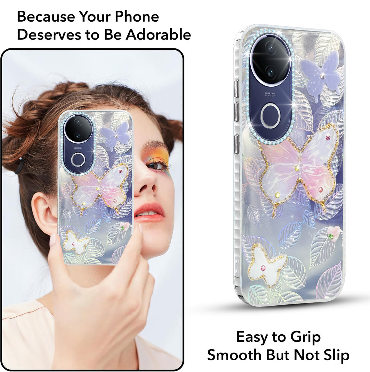 For Vivo T4R Back Cover Case (Luxury Floral Glitter Cute Butterfly | Diamond Studded Camera Bump | Girls & Women Design)