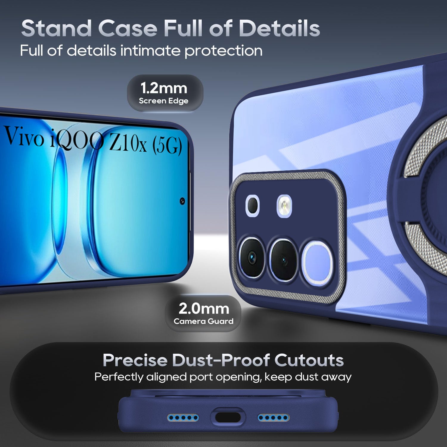 For Vivo iQOO Z10x Back Cover Case with stand (Built-in Ring Holder Kickstand | Lifetime Anti Yellow | Camera Protection)