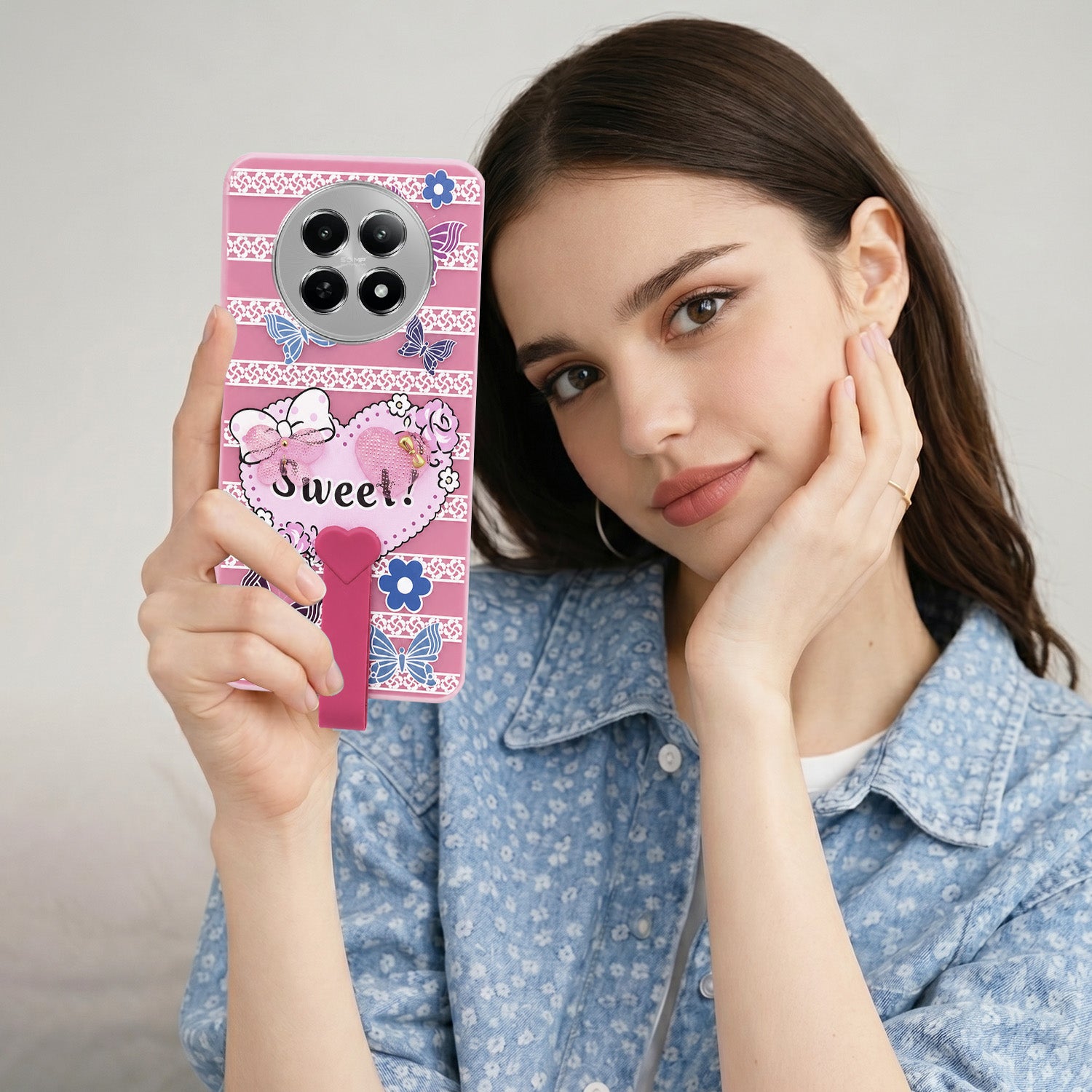 For Realme Narzo 70x 5G Back Cover Case (3D Cute Heart Strap Holder | Camera Protection | Designer Girls Print)