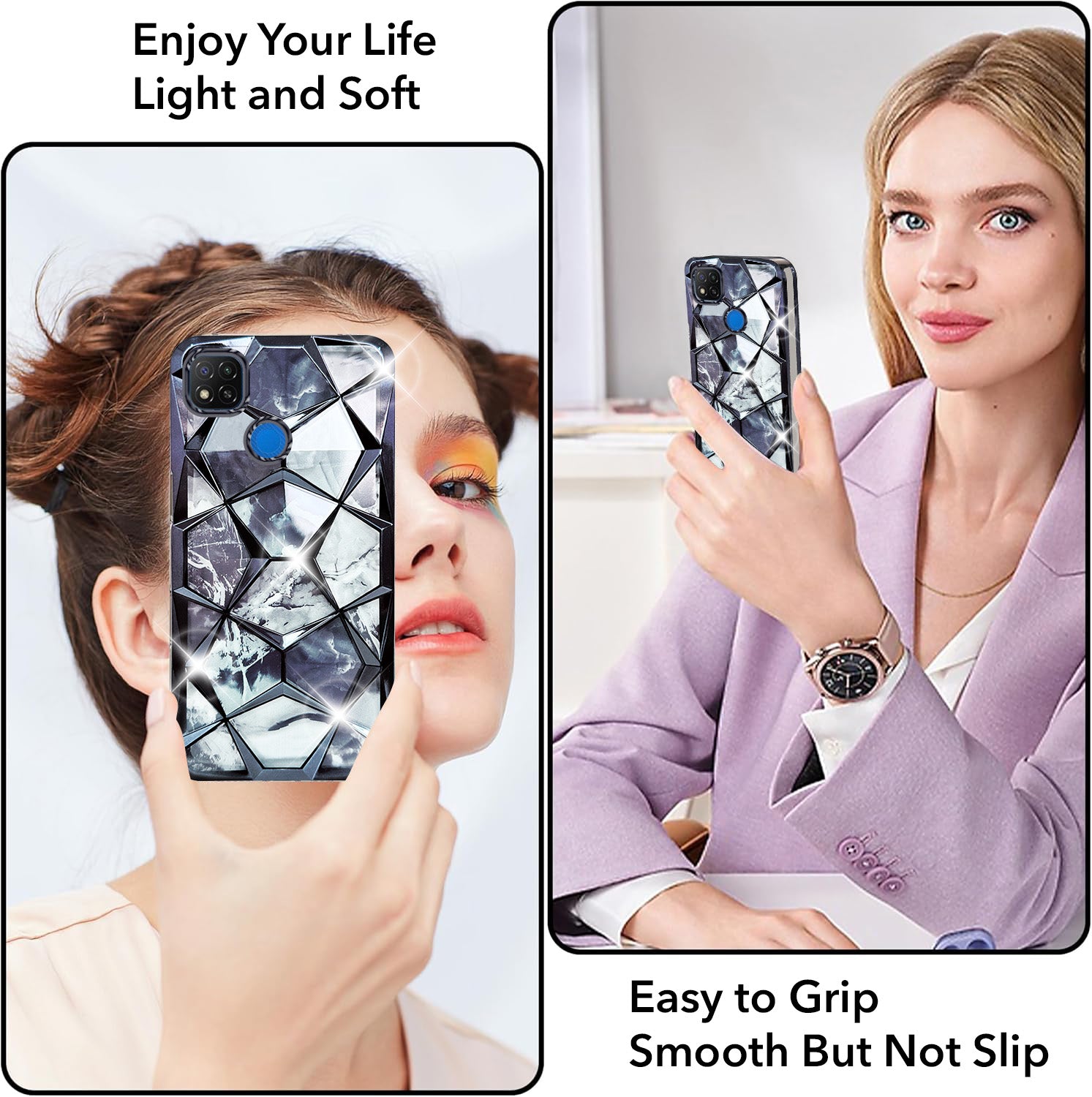 For Redmi 9C Back Cover Case (Dual Design Glitter Sparkle and Detachable Diamond Print Case | Soft and Flexible)