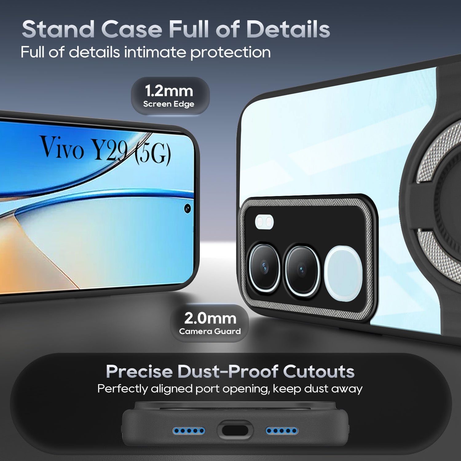 For Vivo Y29 Back Cover Case with stand (Built-in Ring Holder Kickstand | Lifetime Anti Yellow | Camera Protection)