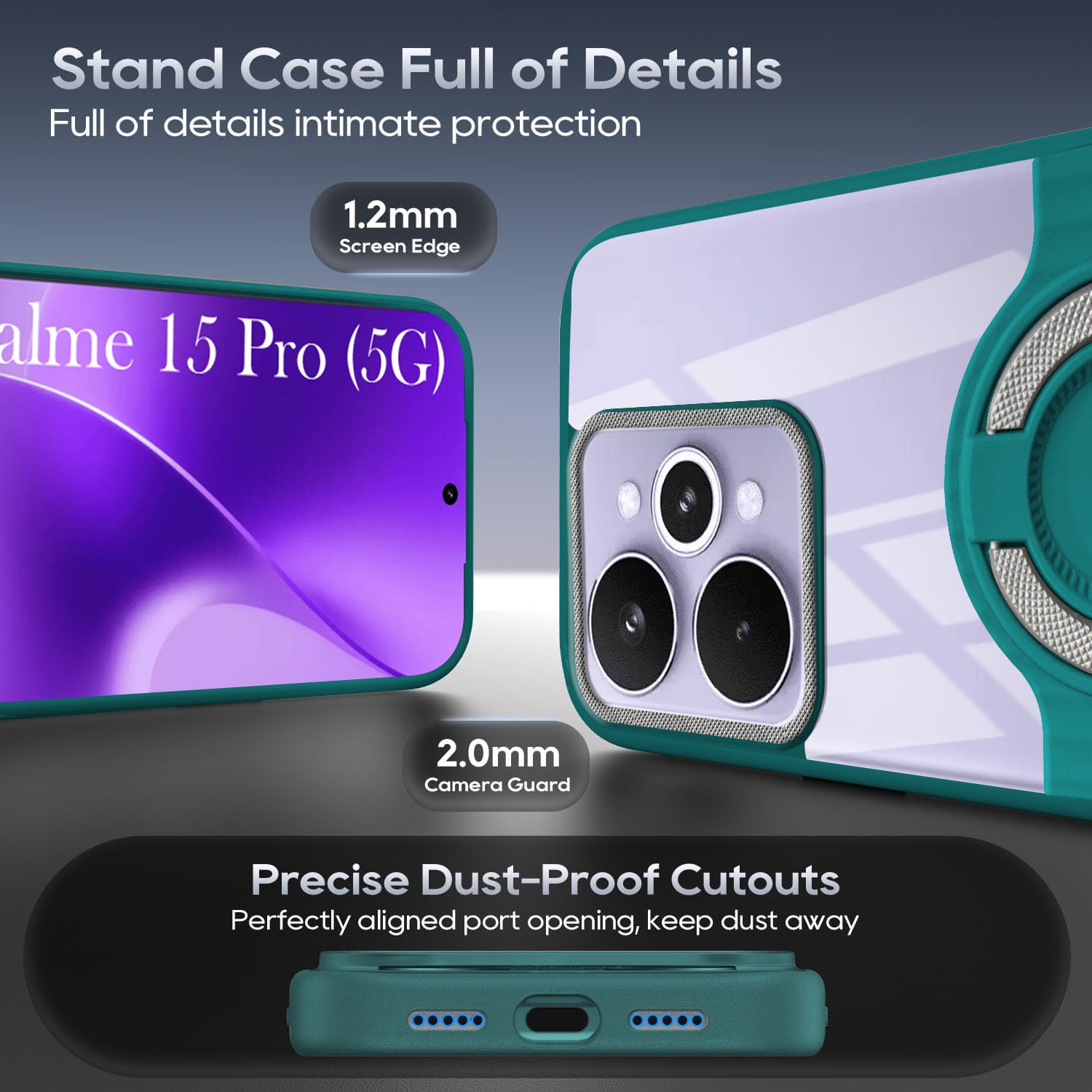 For Realme 15 Pro Back Cover Case with stand (Built-in Ring Holder Kickstand | Lifetime Anti Yellow | Camera Protection)