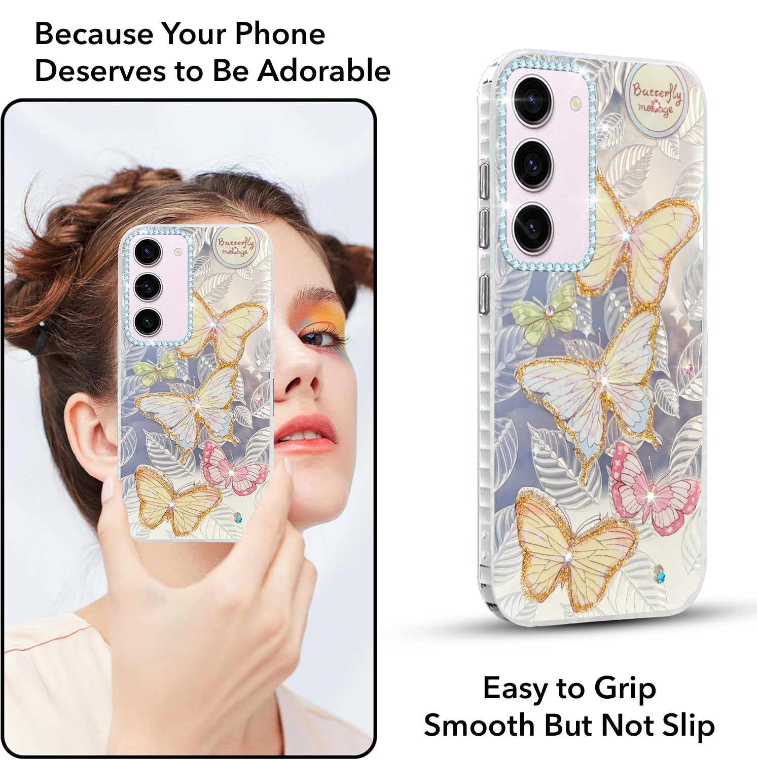 For Samsung Galaxy S23 5G Back Cover Case (Luxury Floral Glitter Cute Butterfly | Diamond Studded Camera Bump | Girls & Women Design)