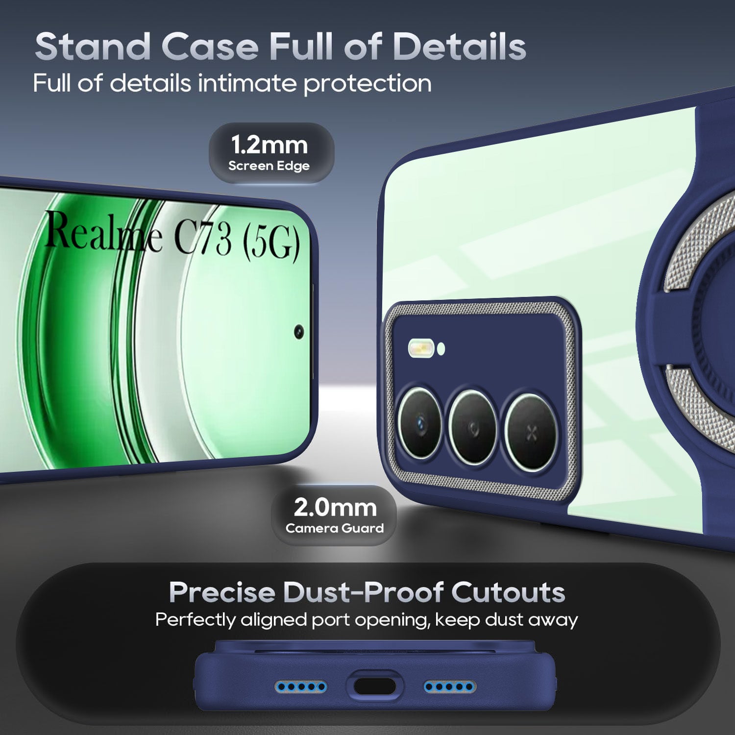 For Realme C73 Back Cover Case with stand (Built-in Ring Holder Kickstand | Lifetime Anti Yellow | Camera Protection)