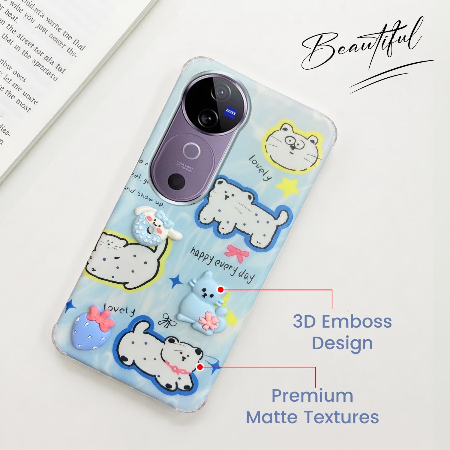 For Vivo V40 | Vivo V40 Pro 5G Back Cover Case (3D Cute Cartoons | Hard Back Side Soft | Matte Premium Finish | HD Printing)