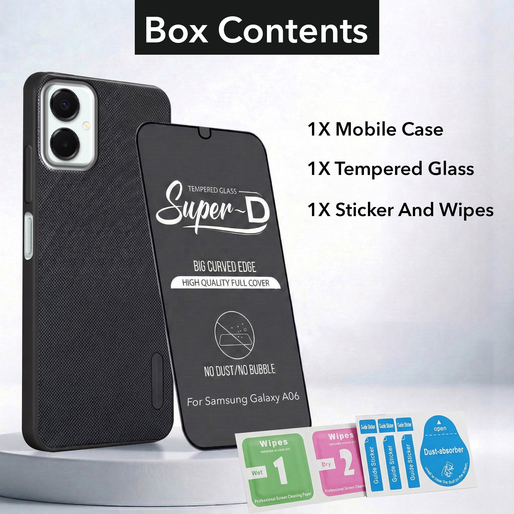For Samsung Galaxy A06 Combo with Back Cover and 9H Tempered Glass (Textured Grip Design | Micro-Fiber Cloth Inside | Oleophobic Coating Screen Glass)