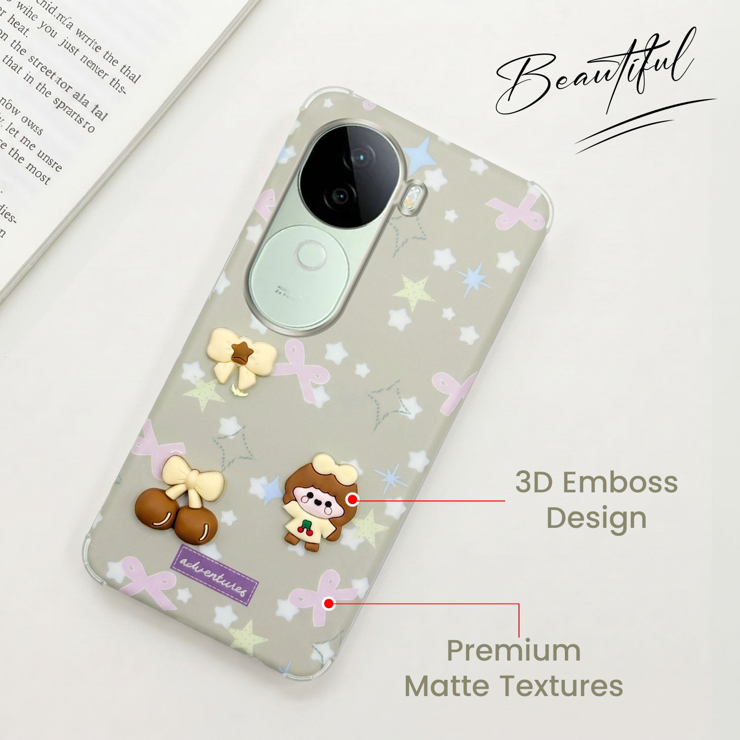 For Vivo V40e Back Cover Case (3D Cute Cartoons | Hard Back Side Soft | Matte Premium Finish | HD Printing)