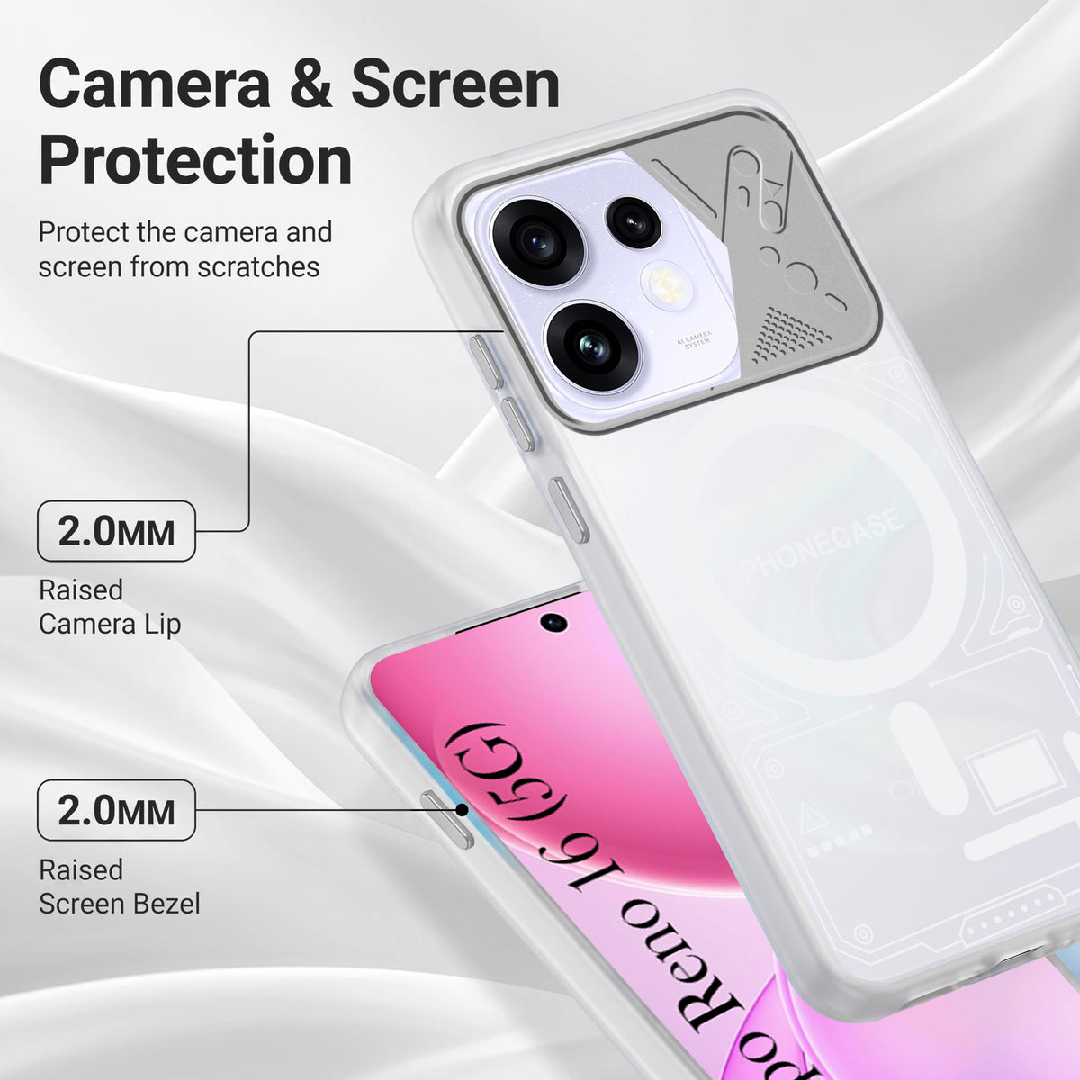 For Oppo Reno 16 Metallic Back Cover Case (Metallic Camera Protection & Buttons | Translucent Milky Shade | Hard Polycarbonate)