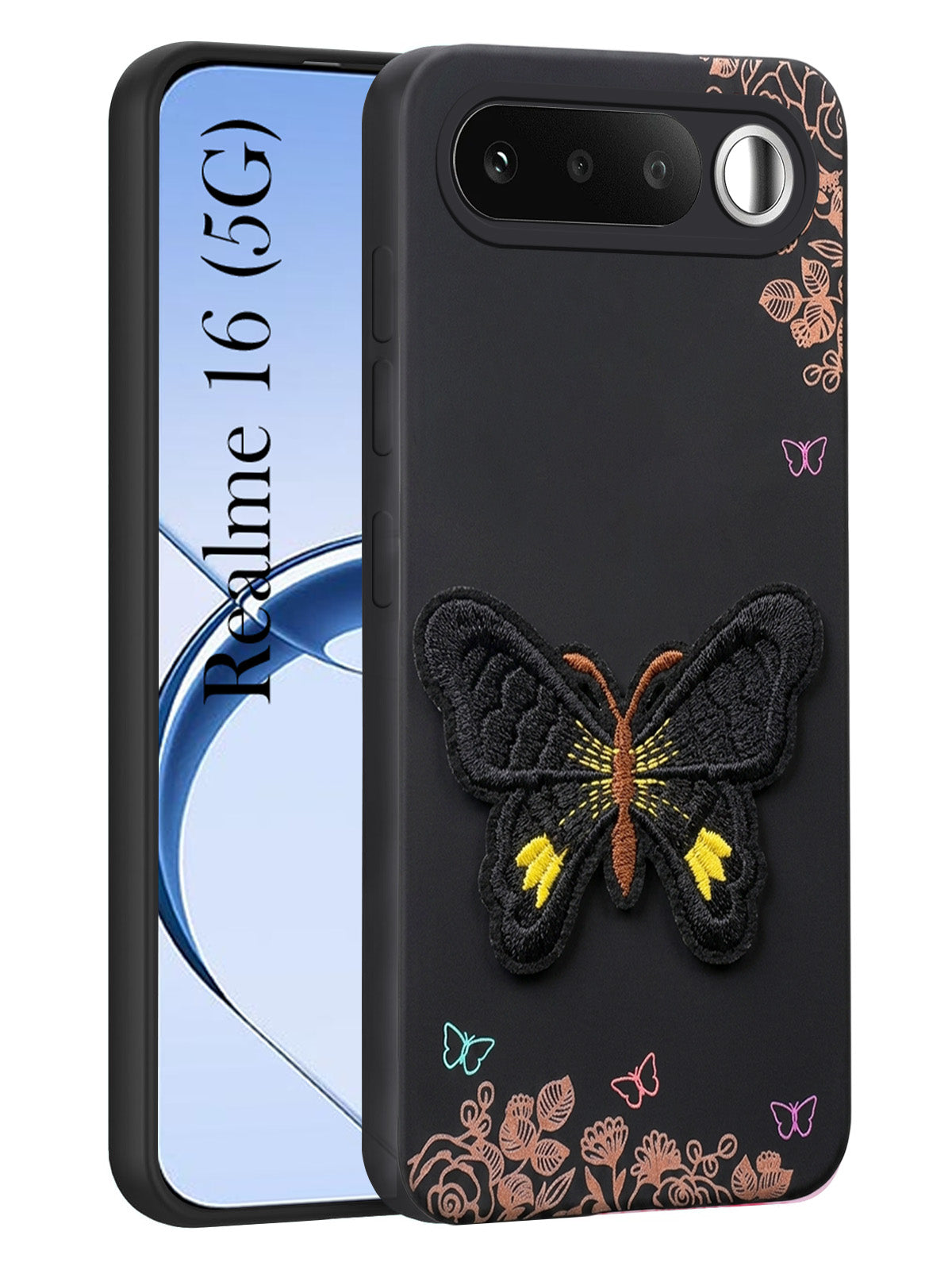 For Realme 16 Back Cover Case (Soft Butterfly Embroidery | Women Teen Girls | Camera Protection| Matte Silicone)