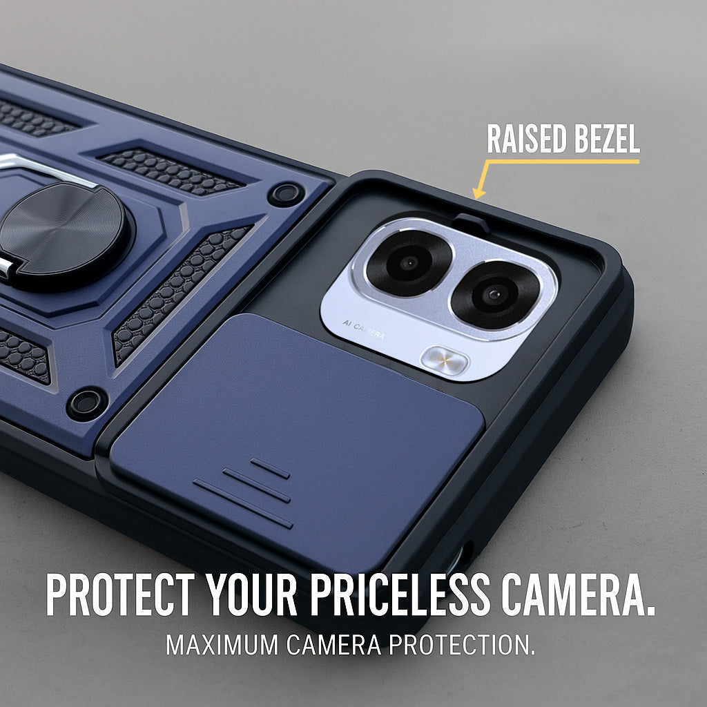 For Oppo K14x 5G Back Cover Case Hybrid Armor (Sliding Shutter Camera Protection | Polycarbonate |Ring Holder Kickstand)