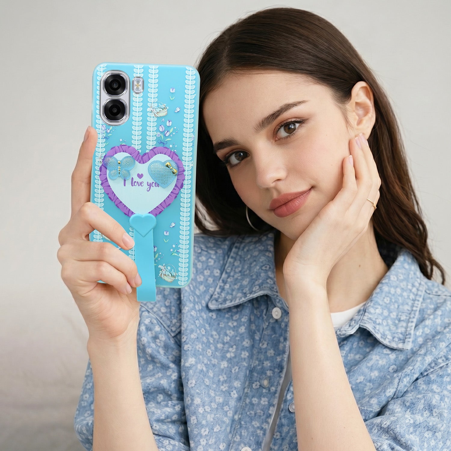 For Oppo K14x 5G Back Cover Case (3D Cute Heart Strap Holder | Camera Protection | Designer Girls Print)
