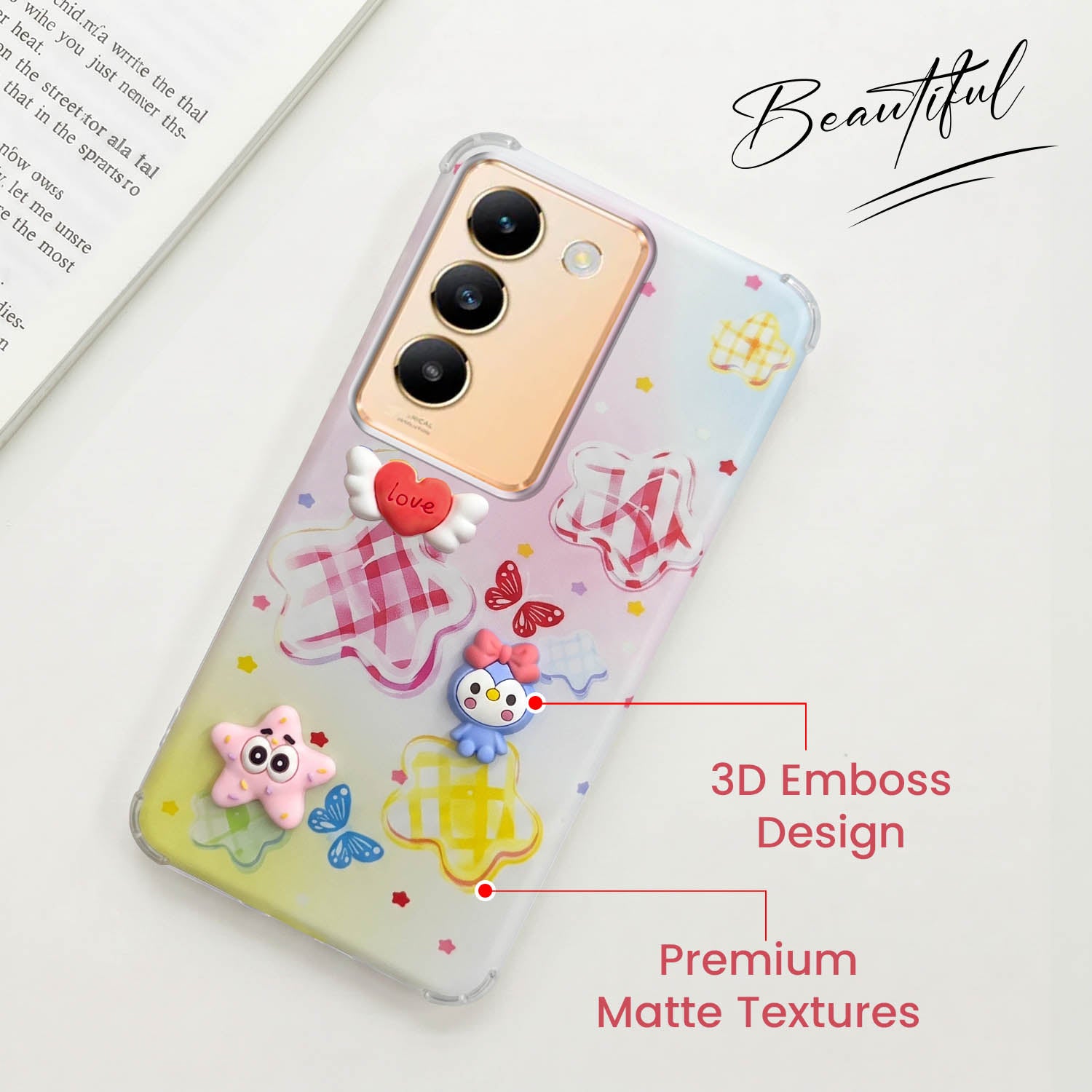 For Vivo Y200e Back Cover Case (3D Cute Cartoons | Hard Back Side Soft | Matte Premium Finish | HD Printing)