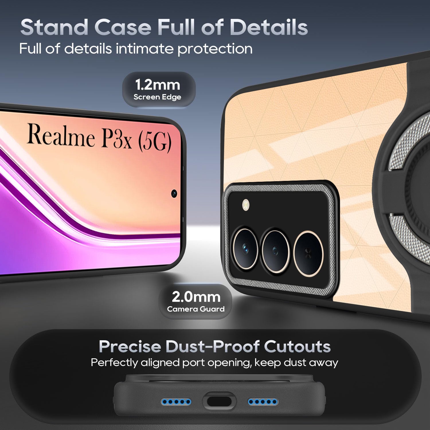 For Realme P3x Back Cover Case with stand (Built-in Ring Holder Kickstand | Lifetime Anti Yellow | Camera Protection)