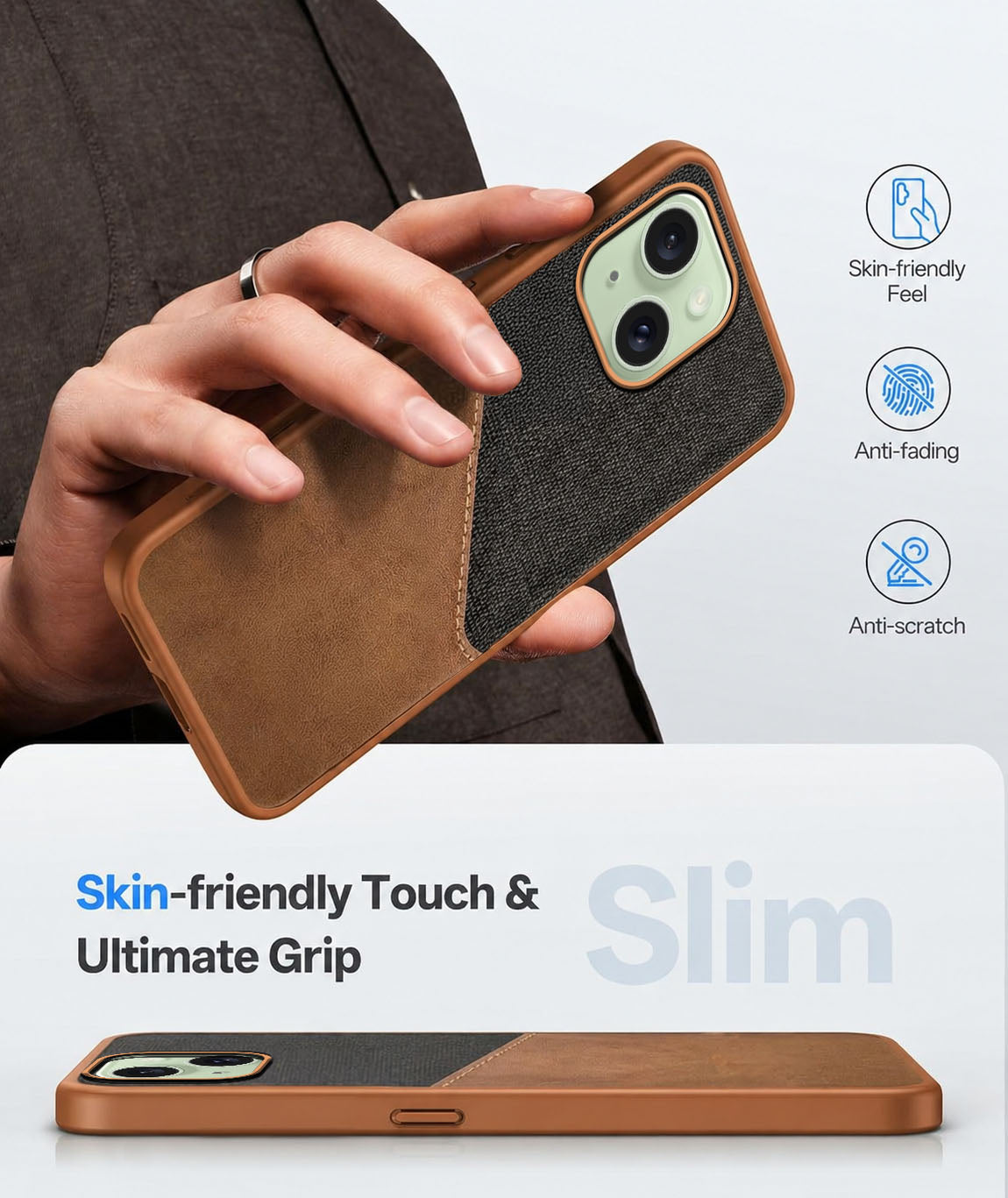 For Apple iPhone 15 Back Cover Case (Dual PU Leather Stitch | Professional Minimalist | Soft and Flexible)