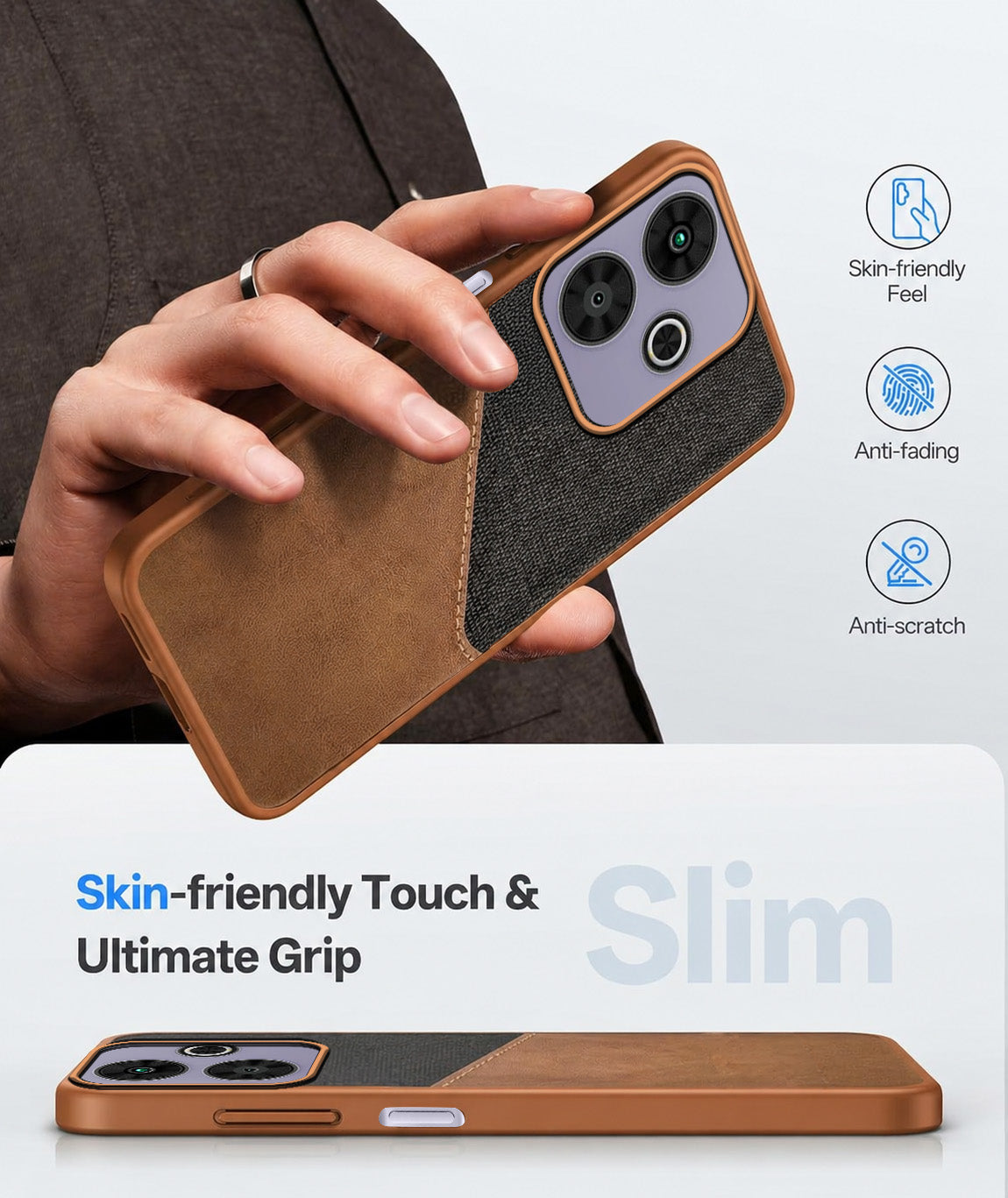 For Poco M6 Plus 5G Back Cover Case (Dual PU Leather Stitch | Professional Minimalist | Soft and Flexible)