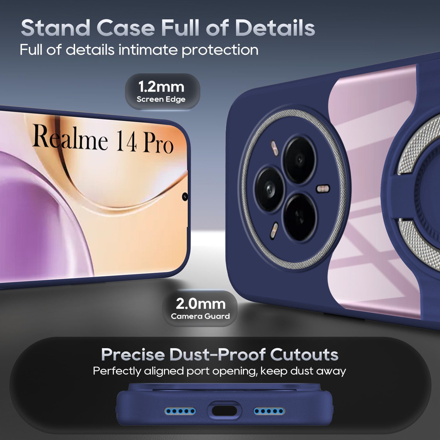 For Realme 14 Pro Back Cover Case with stand (Built-in Ring Holder Kickstand | Lifetime Anti Yellow | Camera Protection)