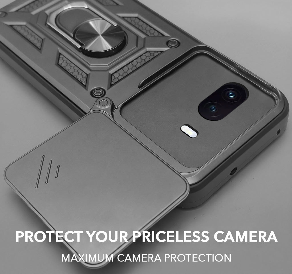 For Vivo iQOO 15R 5G Back Cover Case Hybrid Armor (Sliding Shutter Camera Protection | Polycarbonate |Ring Holder Kickstand)