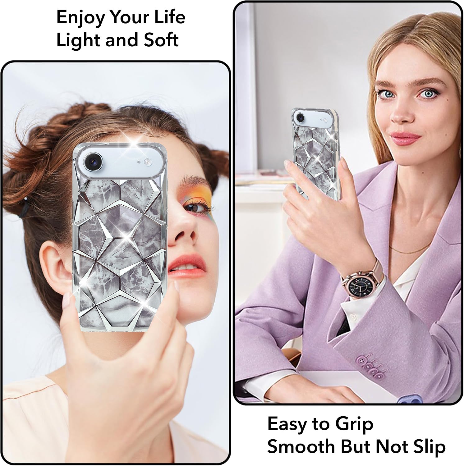For Apple iPhone 17 Air Back Cover Case Compatible 3D Silicone (Dual Design Glitter Sparkle and Detachable Diamond Print Case | Soft and Flexible)