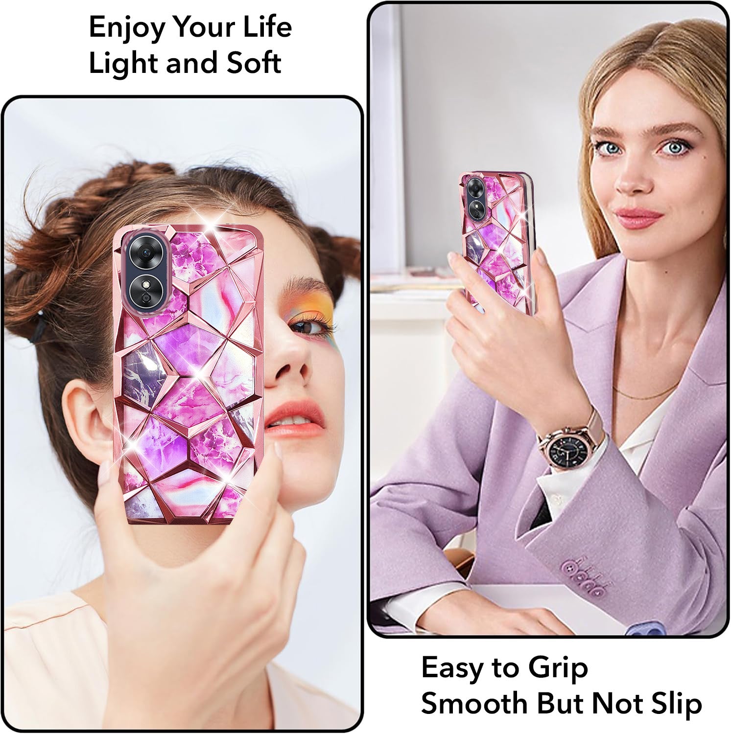 For Oppo A17 Back Cover Case Compatible 3D Silicone (Dual Design Glitter Sparkle and Detachable Diamond Print Case | Soft and Flexible)