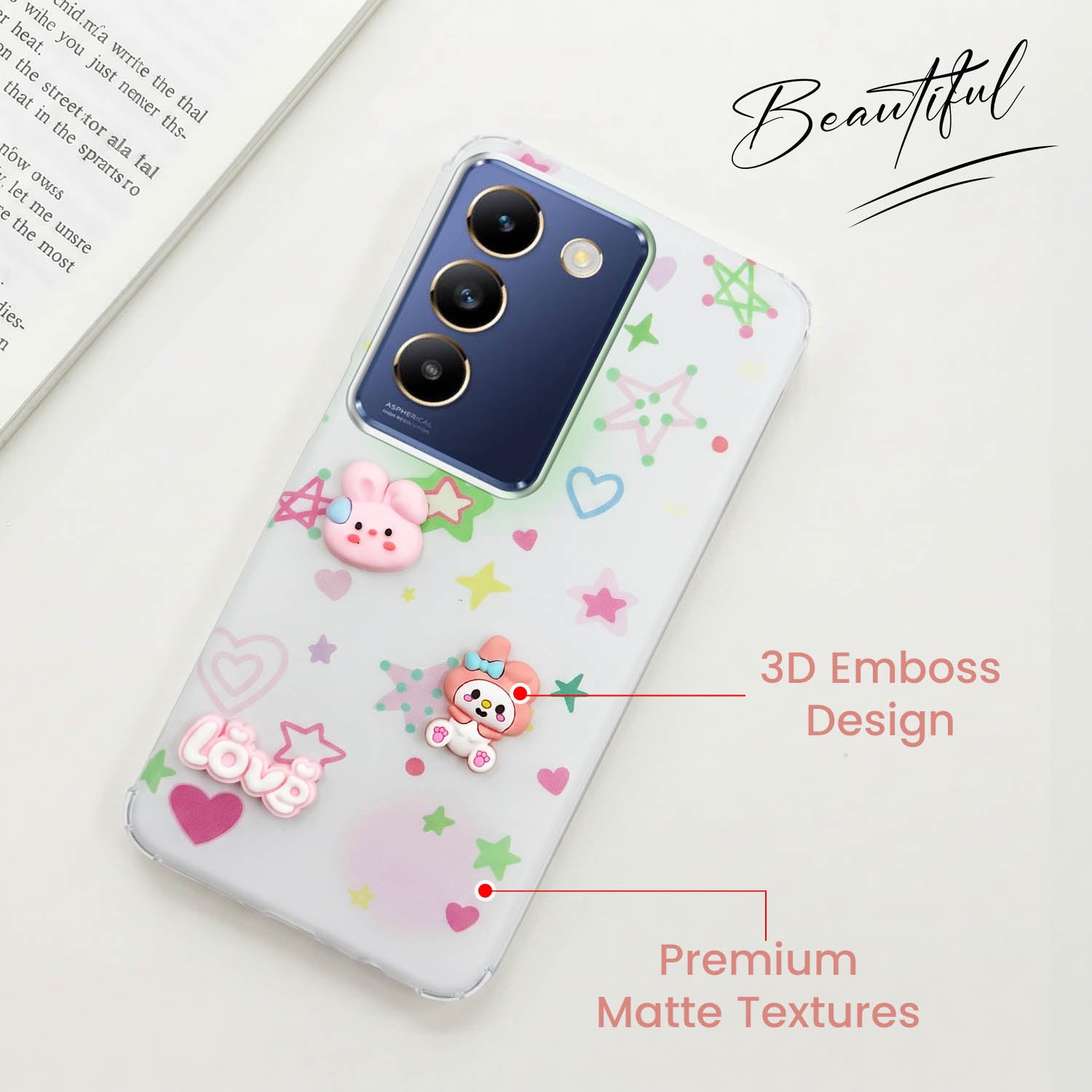 For Vivo T3 5G Back Cover Case (3D Cute Cartoons | Hard Back Side Soft | Matte Premium Finish | HD Printing)