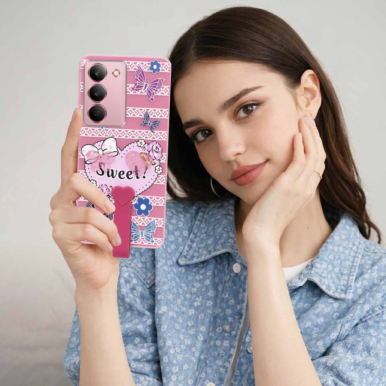 For Realme 14X Back Cover Case (3D Cute Heart Strap Holder | Camera Protection | Designer Girls Print)