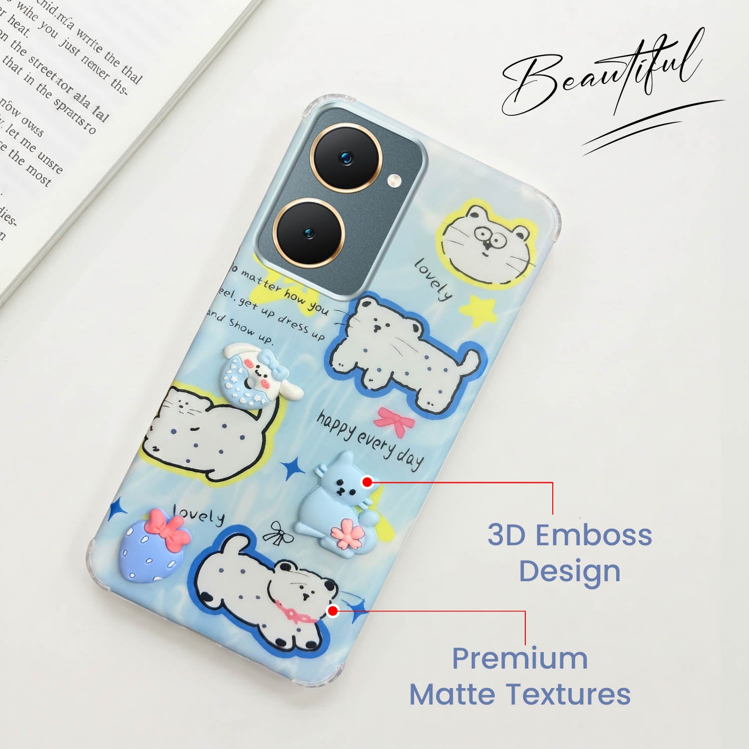 For Vivo Y18 | Y18e | Y03 | Y18i | Y18t Back Cover Case (3D Cute Cartoons | Hard Back Side Soft | Matte Premium Finish | HD Printing)
