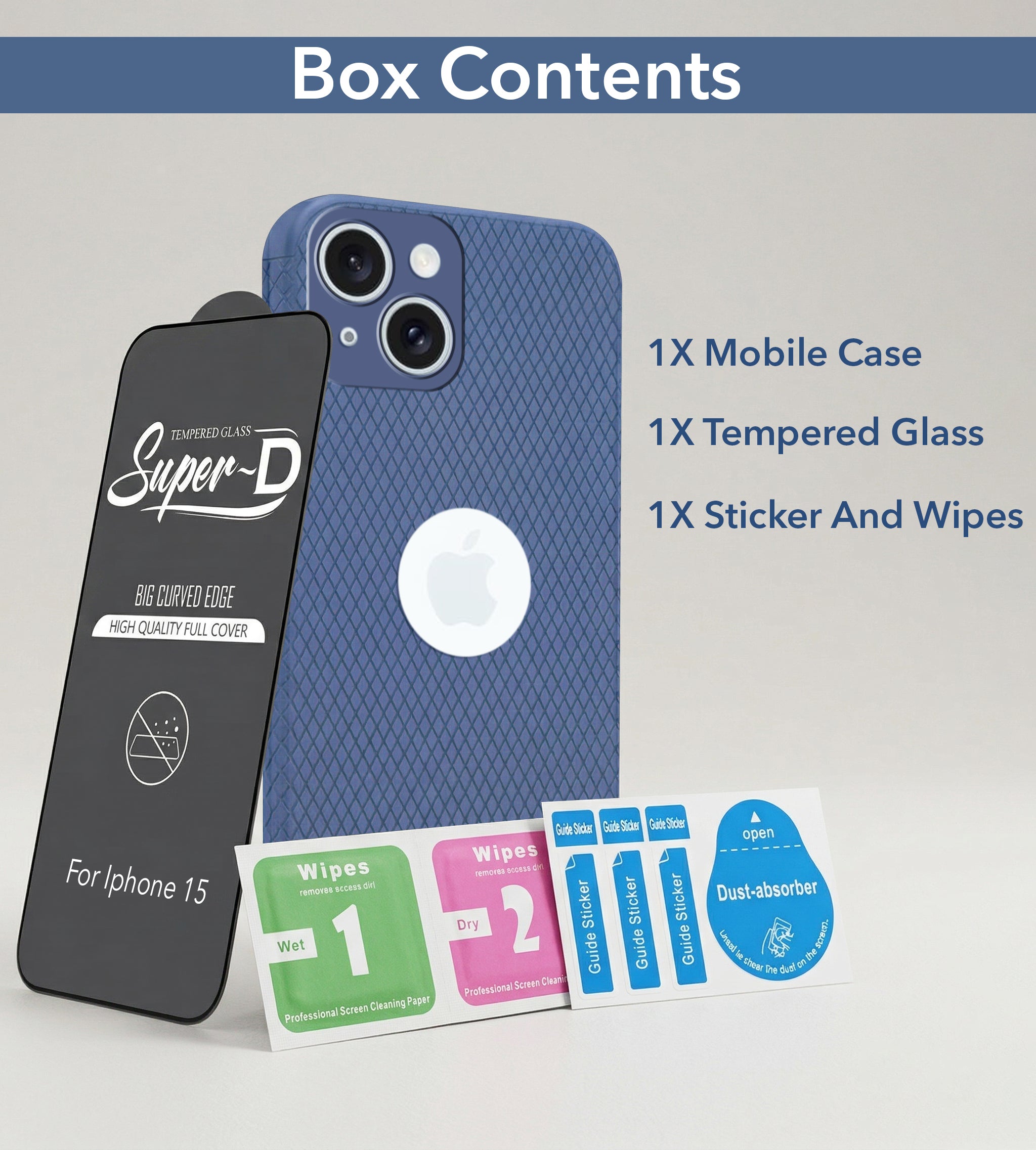For Apple iPhone 15 Combo with Back Cover and 9H Tempered Glass (Liquid Silicone | Camera Protection | Oleophobic Coating Screen Glass)