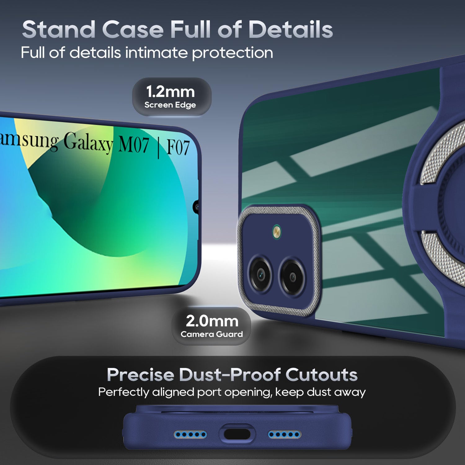 For Samsung Galaxy M07 | Samsung Galaxy F07 Back Cover Case with stand (Built-in Ring Holder Kickstand | Lifetime Anti Yellow | Camera Protection)