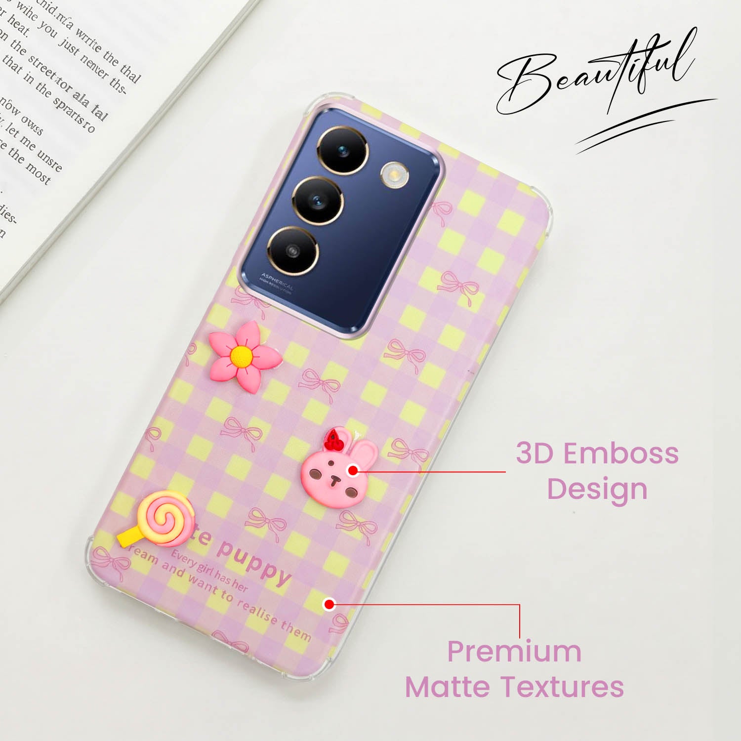 For Vivo T3 5G Back Cover Case (3D Cute Cartoons | Hard Back Side Soft | Matte Premium Finish | HD Printing)