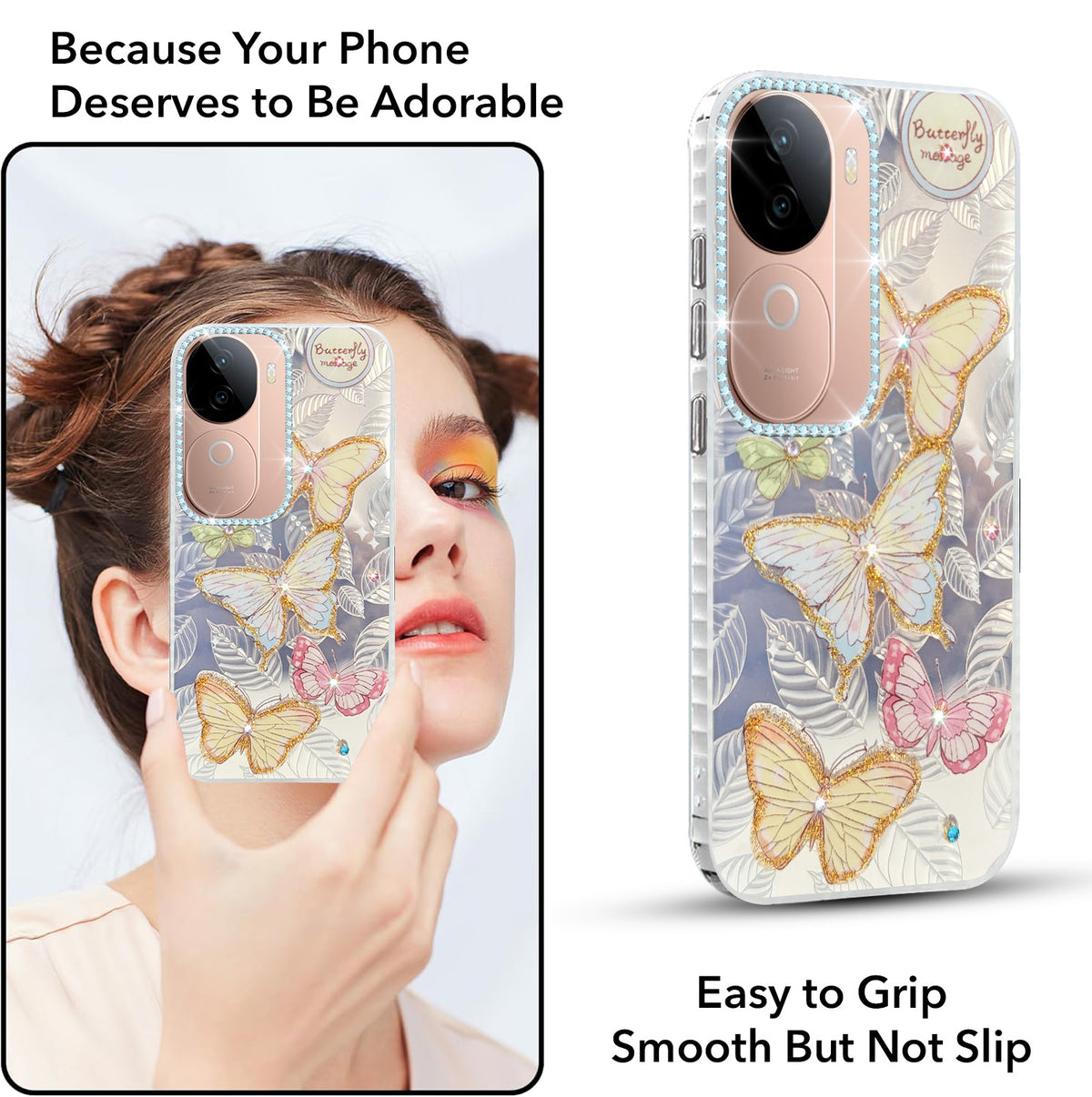 For Vivo V40e Back Cover Case (Luxury Floral Glitter Cute Butterfly | Diamond Studded Camera Bump | Girls & Women Design)