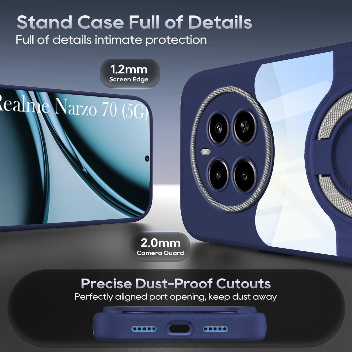 For Realme Narzo 70 5G Back Cover Case with stand (Built-in Ring Holder Kickstand | Lifetime Anti Yellow | Camera Protection)