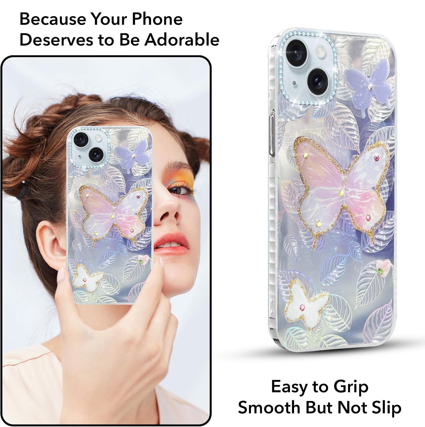 For Apple iPhone 15 Back Cover Case (Luxury Floral Glitter Cute Butterfly | Diamond Studded Camera Bump | Girls & Women Design)
