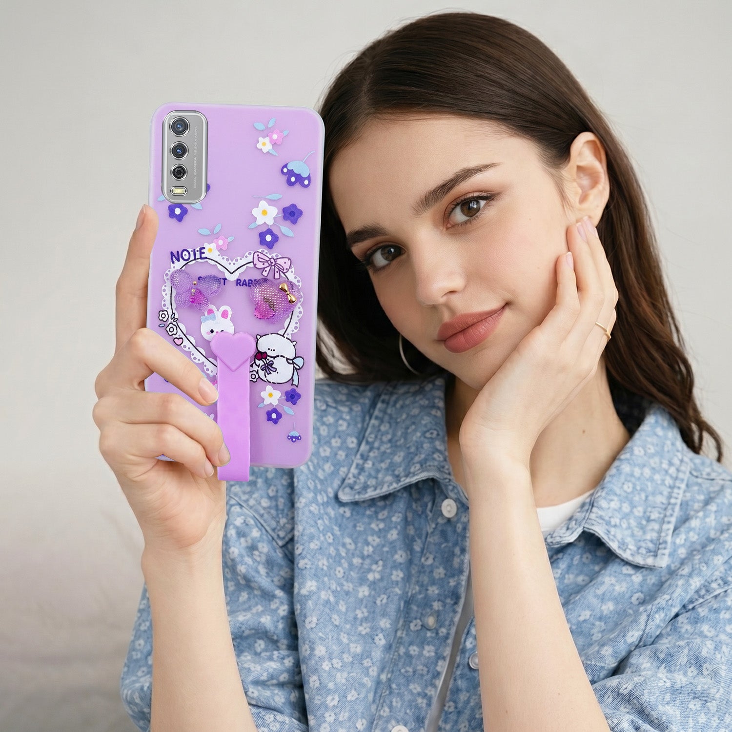 For Vivo Y12s | Y11s | Y12G Back Cover Case (3D Cute Heart Strap Holder | Camera Protection | Designer Girls Print)