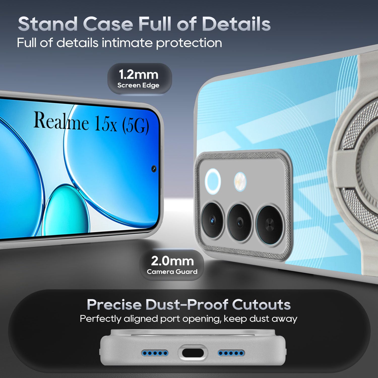 For Realme 15X Back Cover Case with stand (Built-in Ring Holder Kickstand | Lifetime Anti Yellow | Camera Protection)