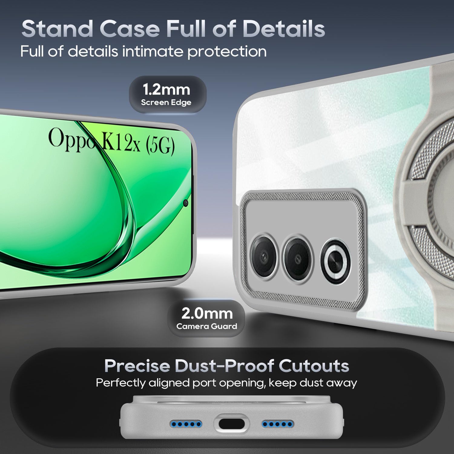 For Oppo K12x 5G Back Cover Case with stand (Built-in Ring Holder Kickstand | Lifetime Anti Yellow | Camera Protection)