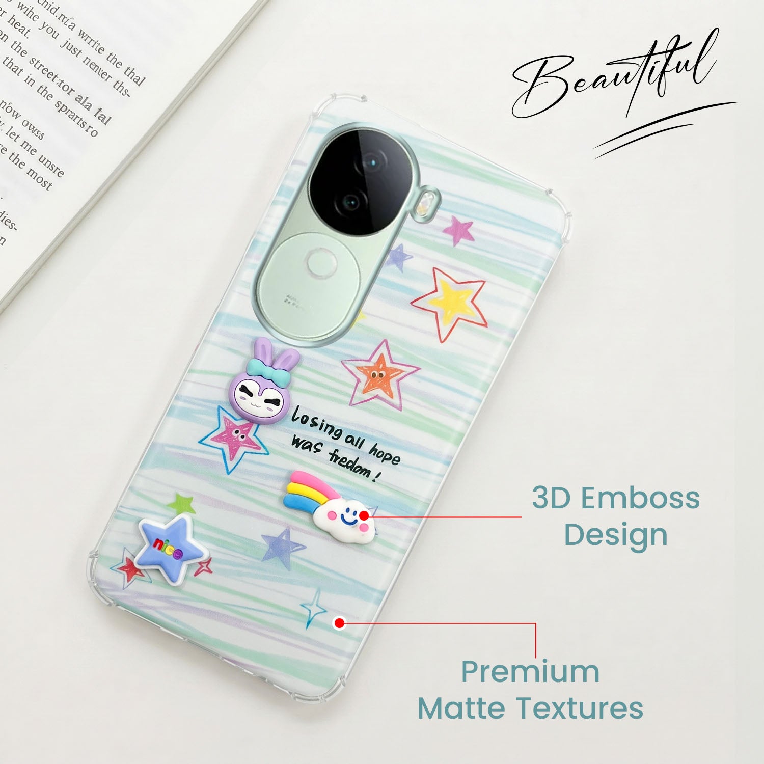 For Vivo V40e Back Cover Case (3D Cute Cartoons | Hard Back Side Soft | Matte Premium Finish | HD Printing)