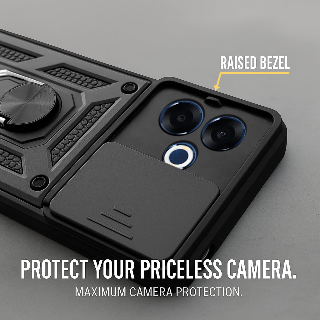 For Oppo F33 Pro 5G Back Cover Case Hybrid Armor (Sliding Shutter Camera Protection | Polycarbonate |Ring Holder Kickstand)