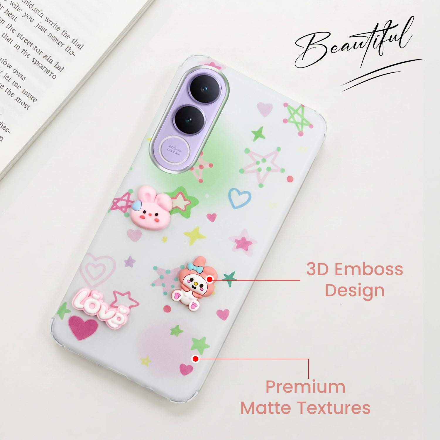 For Vivo V70 FE 5G Back Cover Case (3D Cute Cartoons | Hard Back Side Soft | Matte Premium Finish | HD Printing)