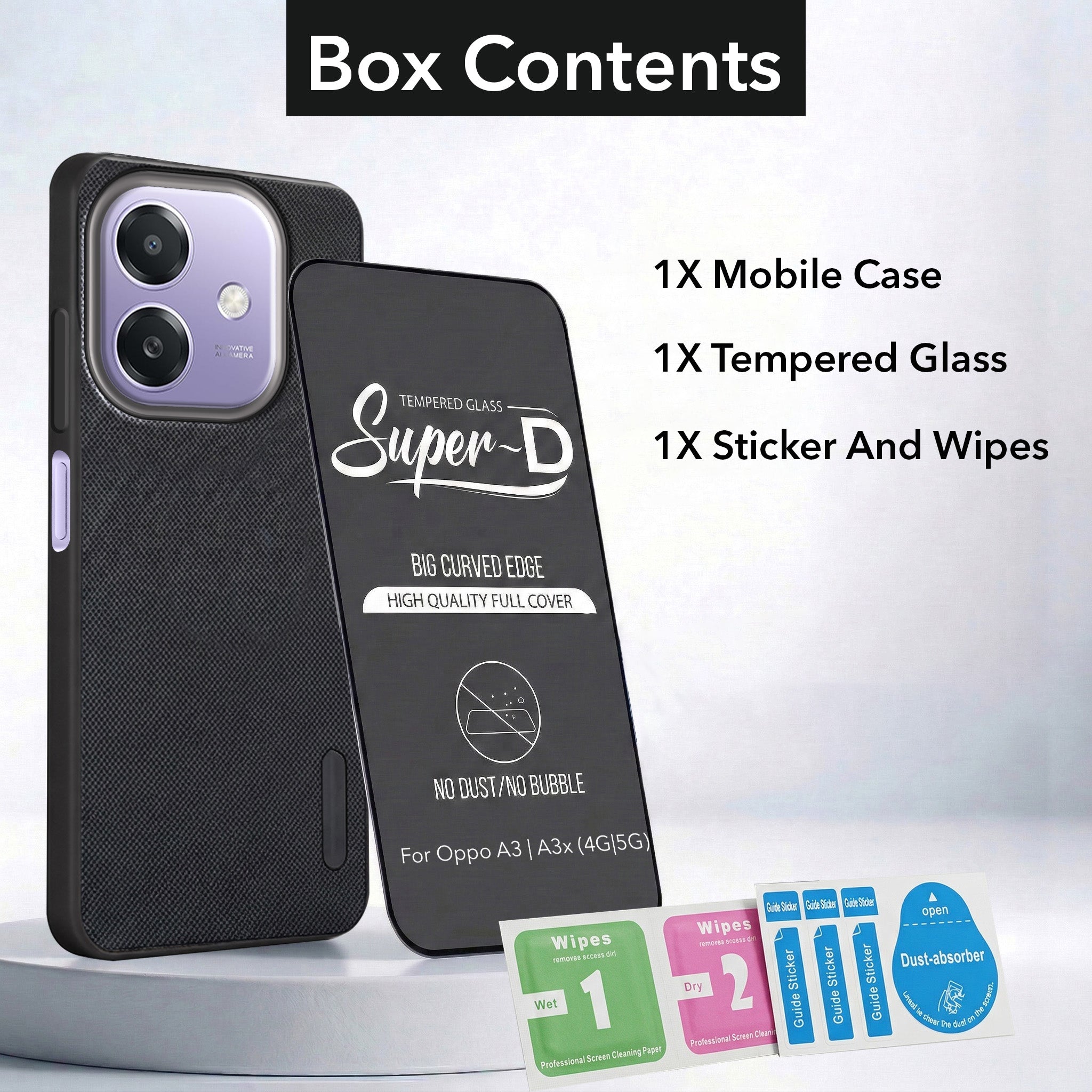 For Oppo A3X (4G/5G) | Oppo A3 5G Combo with Back Cover and 9H Tempered Glass (Textured Grip Design | Micro-Fiber Cloth Inside | Oleophobic Coating Screen Glass)