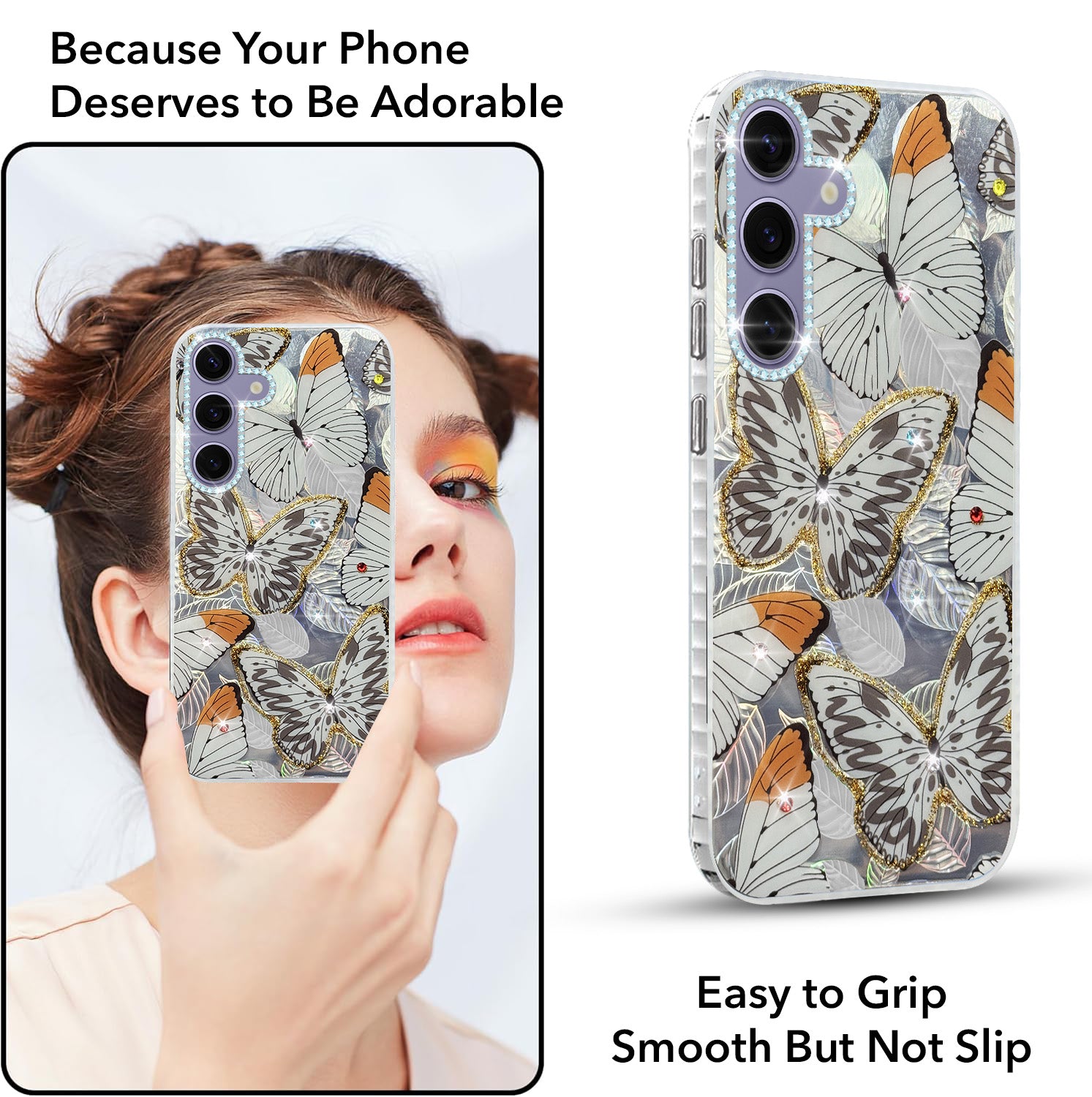 For Samsung Galaxy S24 Back Cover Case (Luxury Floral Glitter Cute Butterfly | Diamond Studded Camera Bump | Girls & Women Design)